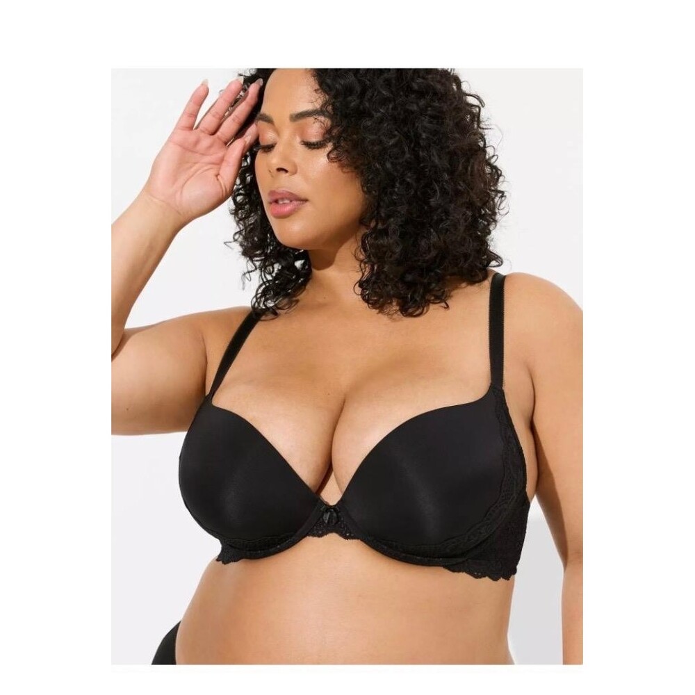 Torrid XO Smooth Push-up Plunge T Shirt Bra Womens 44 DDD Black Lace Underwire